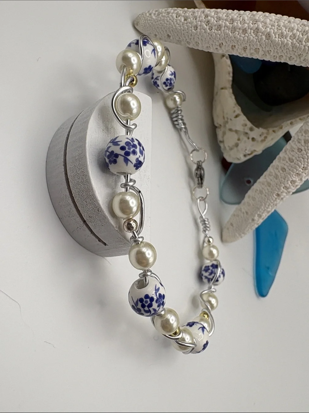 Pearl & Blue Floral Ceramic Bead Bracelet